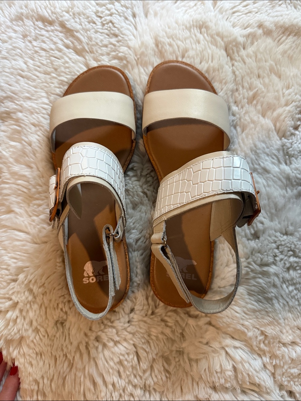 Sorel Women’s White and Brown Two-Strap Leather Sandals